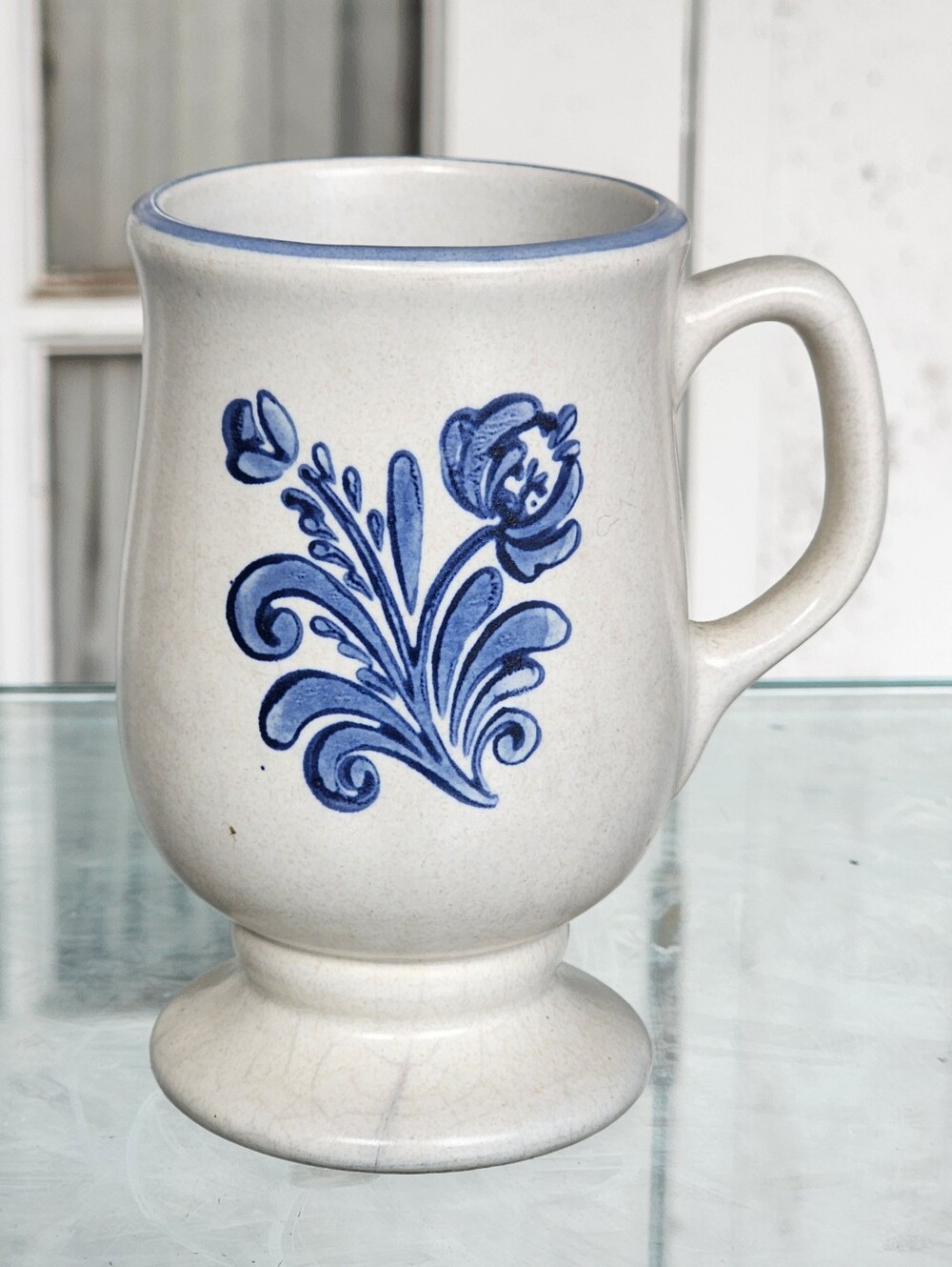 Vintage Pfaltzgraff Yorktowne Footed Coffee Mug, Blue Floral, USA, Crazing Shown